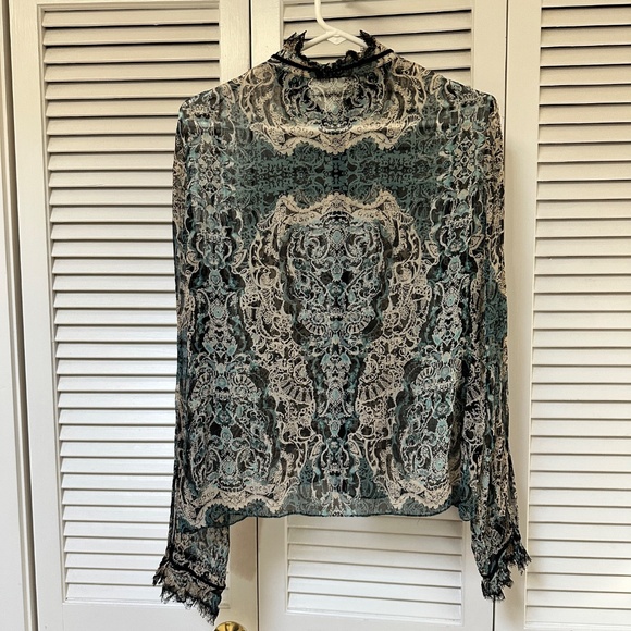 Elie Tahari Silk Sheer Snap Front Velvet Trim Blouse Lace Trim Long Sleeves LG - Picture 6 of 10
